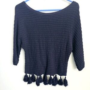 L'AGENCE Navy‎ Blue Ribbed Knit Tassel Hem Sweater Womens Small